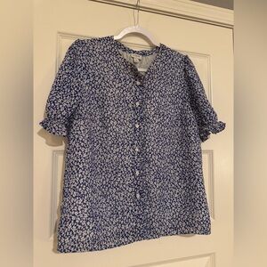 J. Crew Blue and White Floral Short Sleeve Blouse